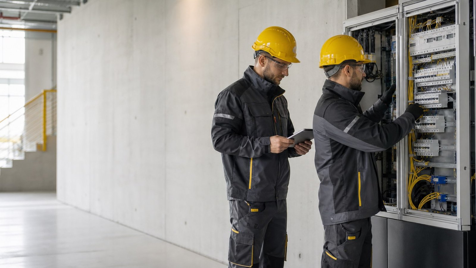 Elektrikai montuoja šiuolaikinę elektros valdymo spintą